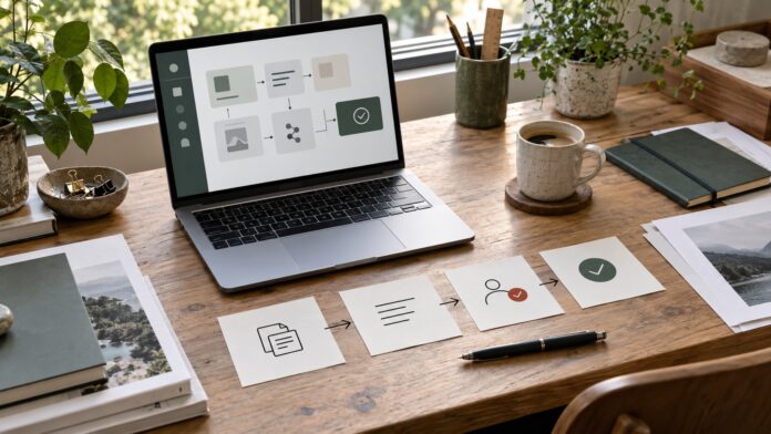 Schreibtisch mit Laptop und einem grafisch dargestellten KI-Workflow