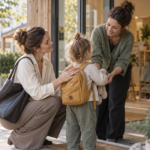 Kinderbetreuung ist Karrierepolitik: Was neue Daten über das Einkommen von Müttern zeigen Mutter verabschiedet ihr Kleinkind vor einer Kita, während eine Erzieherin es begrüßt.