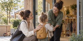 Mutter verabschiedet ihr Kleinkind vor einer Kita, während eine Erzieherin es begrüßt.