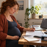 Schwangere Selbstständige plant im Homeoffice ihre berufliche und finanzielle Auszeit