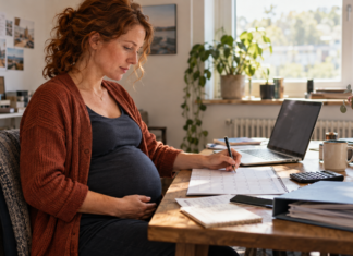 Schwangere Selbstständige plant im Homeoffice ihre berufliche und finanzielle Auszeit