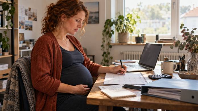 Schwangere Selbstständige plant im Homeoffice ihre berufliche und finanzielle Auszeit