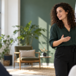 Selbstständige Trainerin leitet einen Workshop vor einer kleinen Gruppe