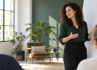 Selbstständige Trainerin leitet einen Workshop vor einer kleinen Gruppe