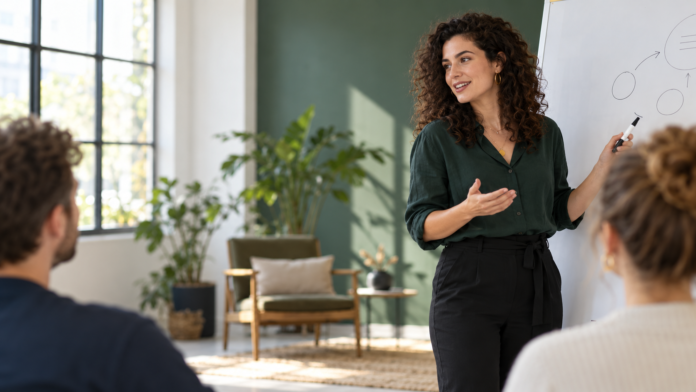 Selbstständige Trainerin leitet einen Workshop vor einer kleinen Gruppe