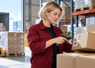 Produktgründerin scannt ein Paket in einem Versandlager
