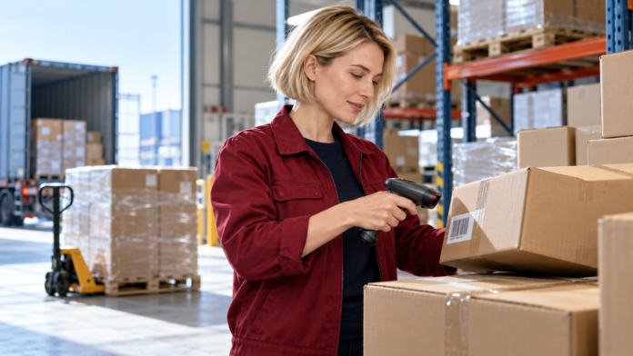 Produktgründerin scannt ein Paket in einem Versandlager