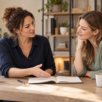 Gründerin bespricht mit ihrer ersten Mitarbeiterin den gemeinsamen Arbeitsstart im Büro