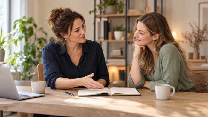 Gründerin bespricht mit ihrer ersten Mitarbeiterin den gemeinsamen Arbeitsstart im Büro